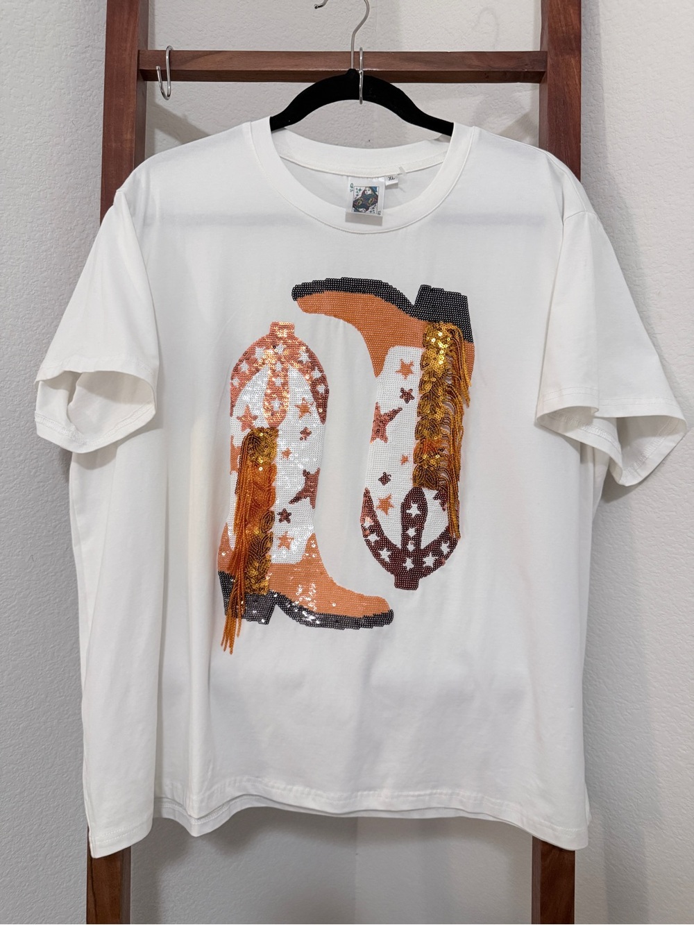 Queen of Sparkles Orange & White Sequin Fringe Cowboy Boot Tee Size XL NWOT